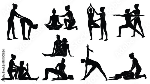 Set of paired yoga poses silhouettes isolated on transparent background for wellness design.