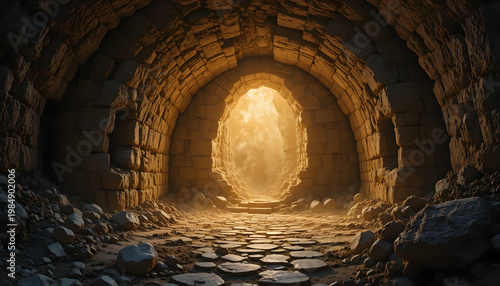 Empty tomb of Jesus Christ with glowing light inside a stone cave