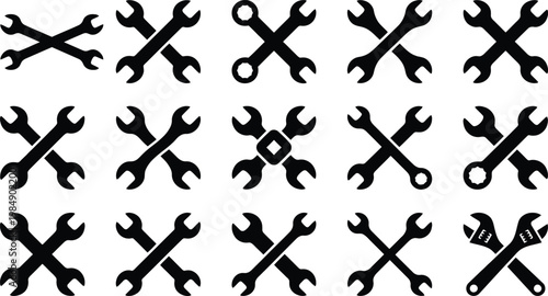 Eine Sammlung von fünfzehn verschiedenen schwarzen Silhouetten gekreuzter Schraubenschlüssel und Gabelschlüssel, die Werkzeuge und Reparaturen symbolisieren.