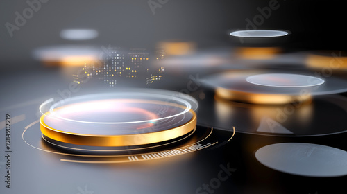 Abstract digital interface with glowing circular buttons and holographic elements on a dark background, showcasing modern technology and futuristic design concepts