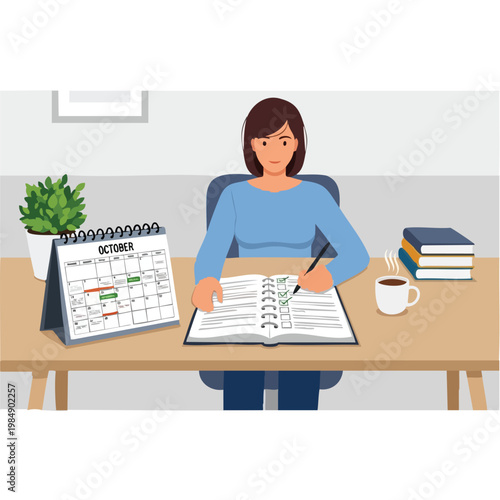 Young professional woman planning weekly schedule at home office with calendar and coffee