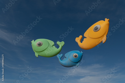 blue, green and yellow fish flying in the sky