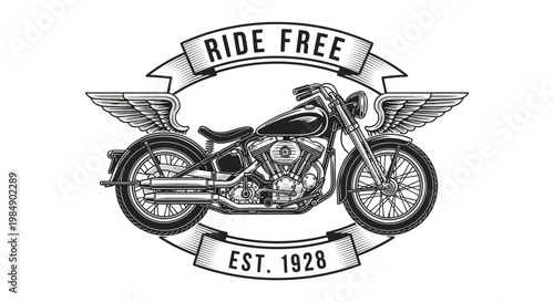 Vintage Motorcycle Emblem with Wings and Ride Free Banner.