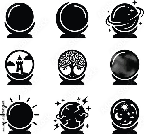 Neun verschiedene Vektorsymbole von Kristallkugeln mit unterschiedlichen Motiven wie Mond, Planet, Leuchtturm, Lebensbaum, Sonne und Tag-Nacht-Zyklus.