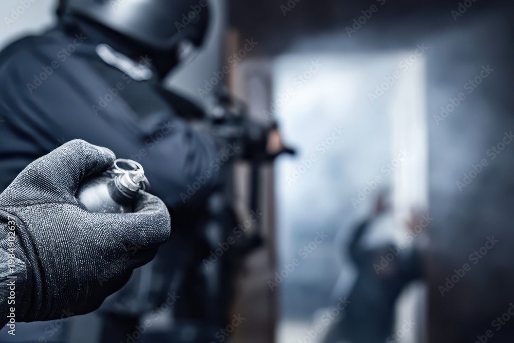 Obraz premium Special forces operator in tactical gear holding a grenade, preparing for action in a smoke-filled environment.