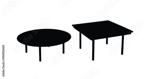 Black silhouettes of a round and square table on transparent background