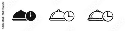 Food Delivery Time Icons Set with Serving Dish and Clock Symbols