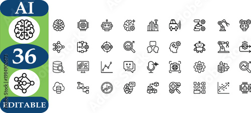 Artificial intelligence technology icons set with brain and gear symbols editable vector graphics