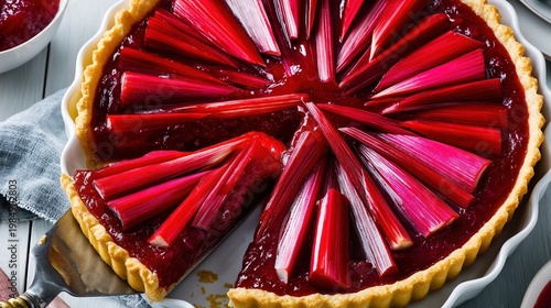 Top view of a freshly baked rhubarb tart with a geometric pattern. A slice of red fruit pie being lifted with a silver server. Homemade summer dessert on a wooden table