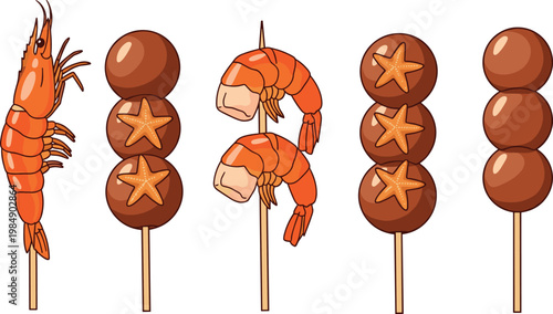 Japanese street food skewers vector set with shrimp dumplings and fish balls illustration isolated on white