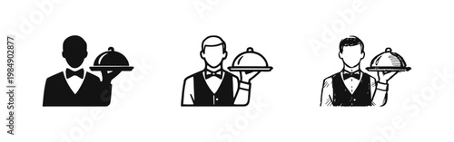 Professional Waiter Icons Holding Food Serving Tray Cloche for Restaurant Service
