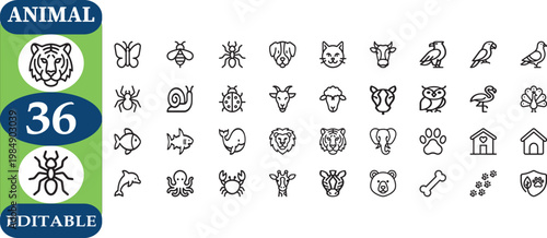 Collection of animal icons in outline style for graphic design  various wildlife and pet symbols
