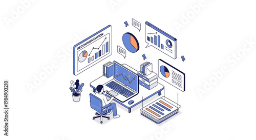 Isometric Data Analytics and Business Intelligence Illustration: Professional Analyzing Growth Charts, Financial Reports, and Performance Metrics on Laptop