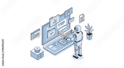 Isometric AI Robot Managing Digital Data Files and Documents on Large Interface, Robotic Process Automation RPA and Machine Learning Workflow Concept