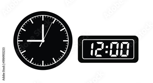Two black clocks displaying time a classic and digital style on transparent background silhouette