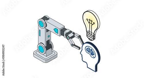Isometric Robotic Arm with Human Brain and Light Bulb - AI, Innovation, and Automation Concept Vector Illustration