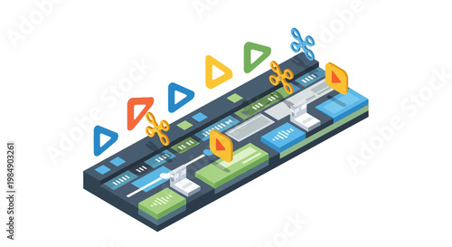 Isometric Video Editing Software Interface with Timeline and Post-Production Tools for Content Creation