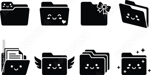 Niedliche schwarze Ordner-Icons mit verschiedenen Ausdrücken und Elementen wie Herzen, Flügeln und Dokumenten.
