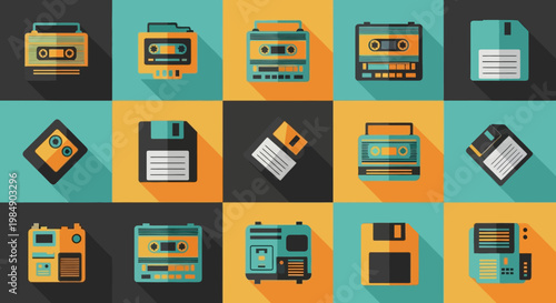 Retro Audio Cassette Player and Floppy Disk Icons Set, Flat Design