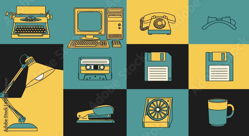 Retro Technology Collage: Typewriter, Computer, Phone, Cassette, Floppy Disks