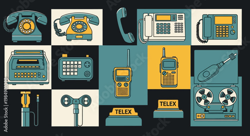Vintage Communication Devices Collage: Retro Phones, Fax, Telex, Radio