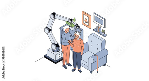 Robotic Arm Assisting Senior Women in Living Room Isometric Illustration - Future of Elderly Care and AI Technology