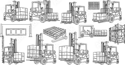 Industrial Forklift Vector Line Art Set Featuring Heavy Machinery Lifting Wood Pallets and Storage Boxes for Warehouse Logistics and Distribution Center Illustrations