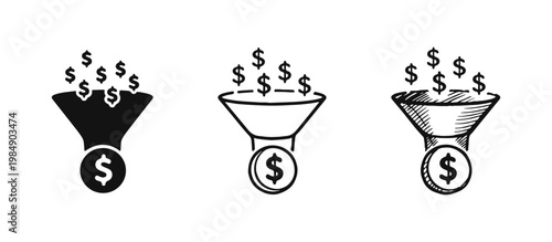 Sales Funnel Money Conversion and Profit Growth Icon Set