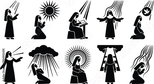 Silhouetten von betenden Frauen in verschiedenen spirituellen Posen mit göttlichen Symbolen.