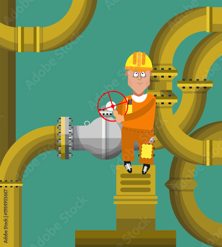 A worker in a helmet at the factory regulates the pressure in the pipe. In the background - a network of pipelines. Vector illustration