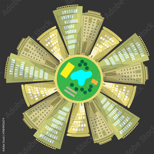 Urban area, located around the park with a lake and playgrounds. Panoramic view from above. Vector illustration