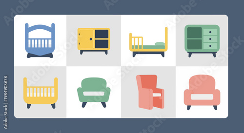 Set of flat design furniture icons: cribs, beds, cabinets, armchairs