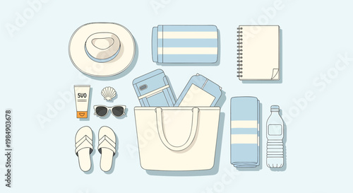 Beach, summer, travel, accessories, vector icons