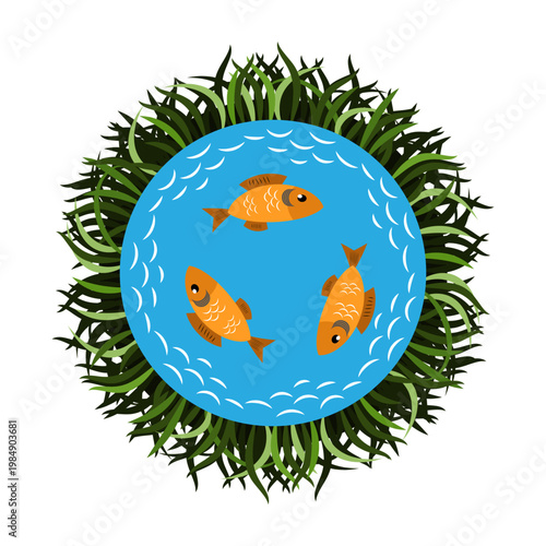 Lake with fish and vegetation on the shore. Concept, rounded composition, icon, sign, emblem. Vector illustration