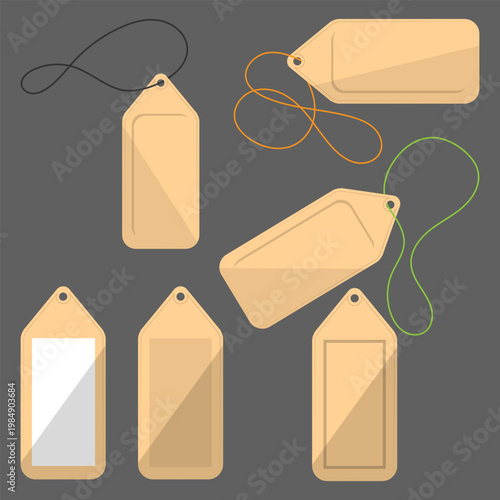 Six tags, labels, stickers, price tags, key chains with and without ropes. Vector set