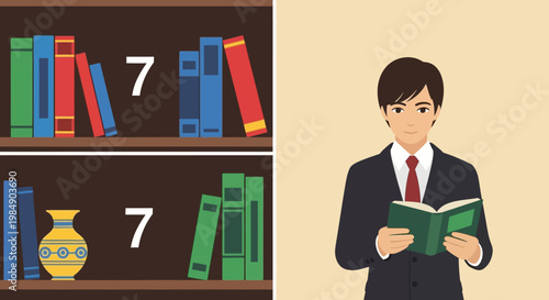 Man in Suit Reading Book Next to Bookshelves with Number 7