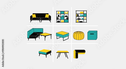 Modern Furniture Collection: Sofa, Shelves, Tables, Ottomans, Pouf