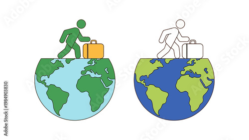 A simplified person with a suitcase stands atop a globe, symbolizing international travel, global tourism, or a worldwide adventure.