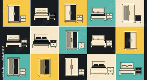 Bedroom Furniture Collection: Wardrobe, Bed, Nightstand - Flat Design