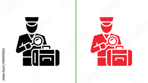 A security officer inspects a suitcase with a magnifying glass, illustrating airport security, baggage screening, or thorough inspection processes.