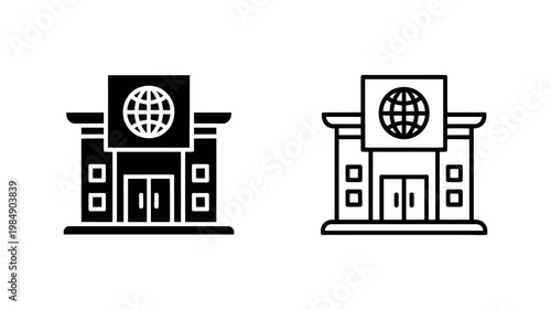 A building icon featuring a globe represents an international organization, global institution, or a center for worldwide affairs.