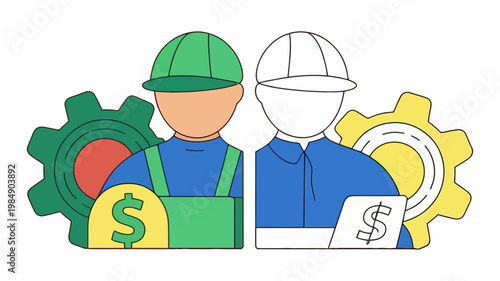 Colorful cartoon icons depicting two workers with hard hats, gears, and dollar signs, signifying industrial earnings.
