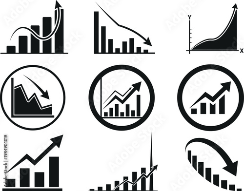 Compilation of black and white business and financial chart graphics on a transparent background
