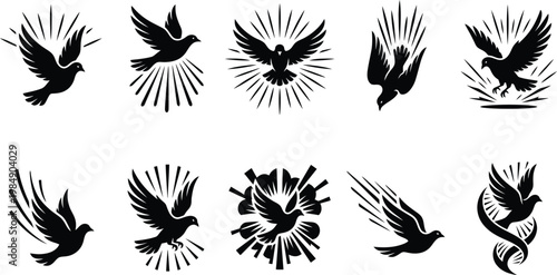 Zehn detaillierte Silhouetten von fliegenden Tauben mit stilisierten Lichtstrahlen und Bewegungseffekten, ideal für Logos und Symbole.