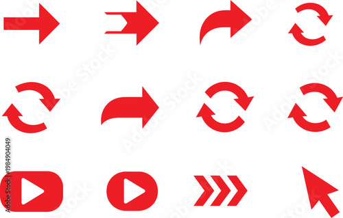 Collection of red arrows play buttons cursor icons with navigation, exchange on a transparent background