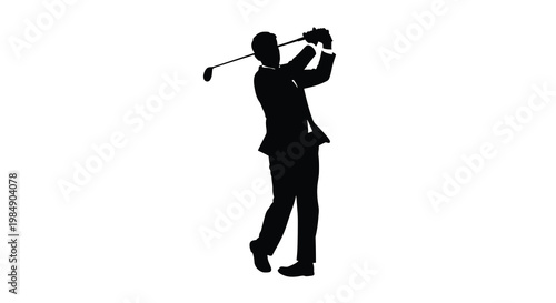 Silhouette of a golfer completing his swing against a white background