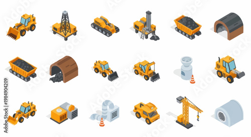 Collection of Isometric Construction and Mining Vehicles and Equipment.