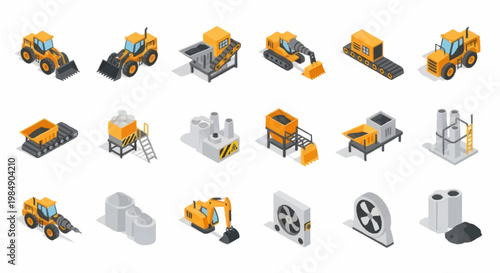 Construction and Industrial Machinery Collection Isometric Icons.