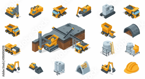 Construction Vehicles and Equipment Collection Isometric Icons.