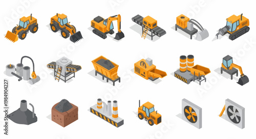 Collection of Industrial Construction and Mining Equipment Icons.